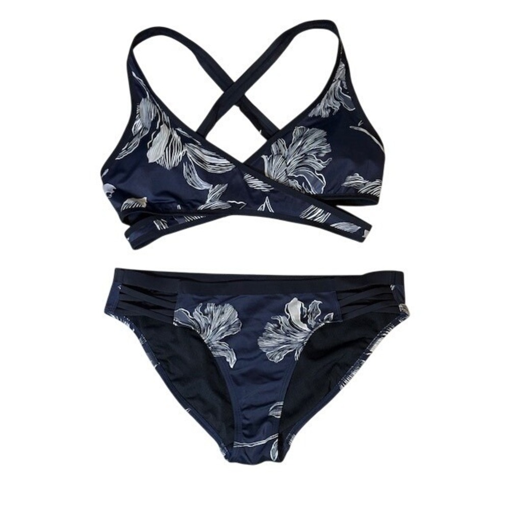 Athleta Fiore Wrap Bikini Set Size Small Navy Floral Criss Cross Back Strappy - Picture 2 of 8